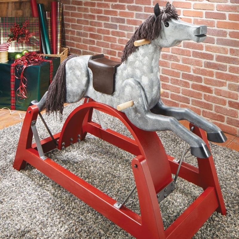 Rocking Horse with Dappled Grey Finish and Red Arched Base