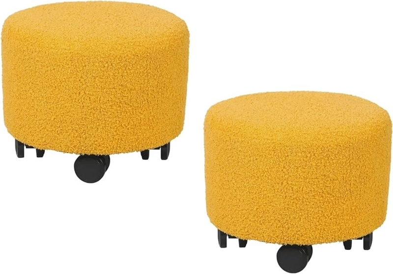 Rolling Ottoman Set Of Two Yellow Bouclé Mobile Upholstered Seat