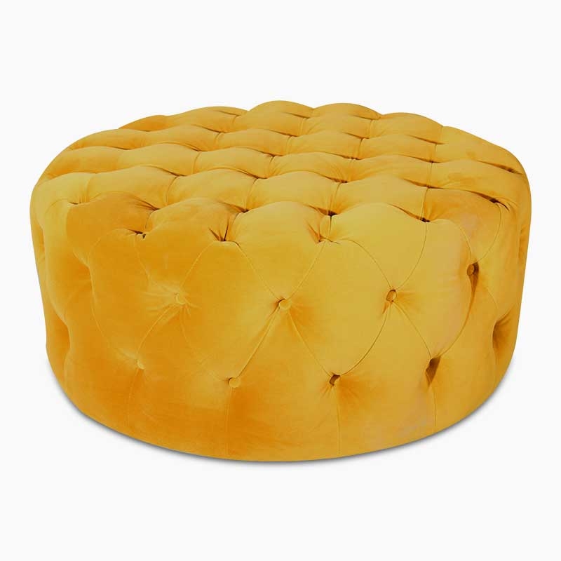 Round Tufted Ottoman Maize Yellow Hollywood Regency Floor Length