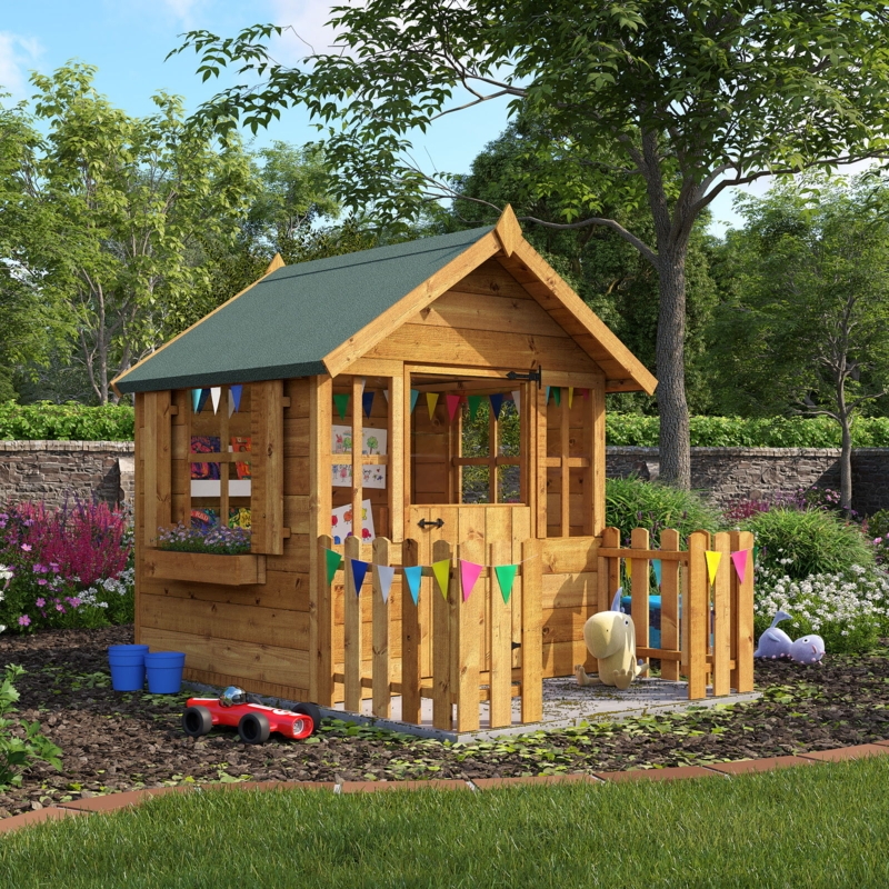 Rustic Log Cabin Playhouse with Front Picket Veranda and Bunting