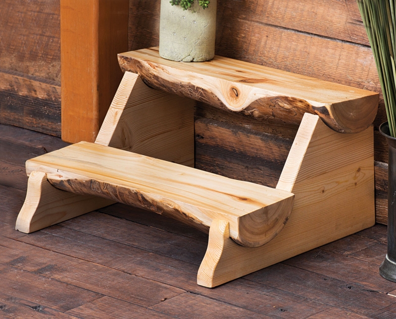 Rustic Log Step Stool with Half-Log Treads and Live Edge Detail