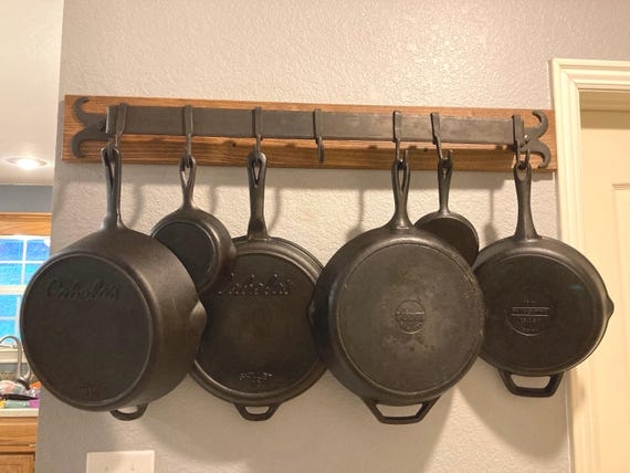 Rustic Pot Rack on Wooden Backing Plate