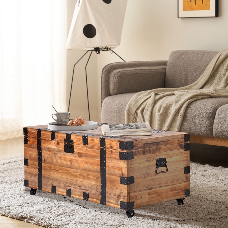 Rustic Storage Trunk Coffee Table with Swivel Casters