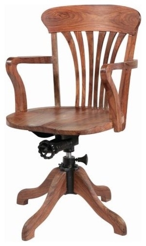 Rustic Swivel Desk Chair Mechanical Height Crank Fan Slat Back