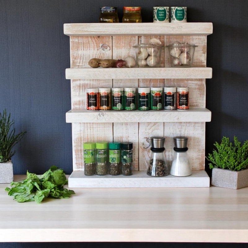 Rustic Whitewashed Spice Rack Distressed Finish Vertical Slat Back