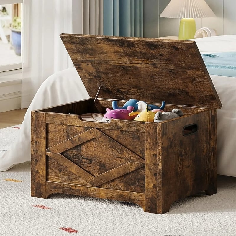 Rustic Wooden Storage Chest Diamond Pattern Vintage Bedroom Trunk
