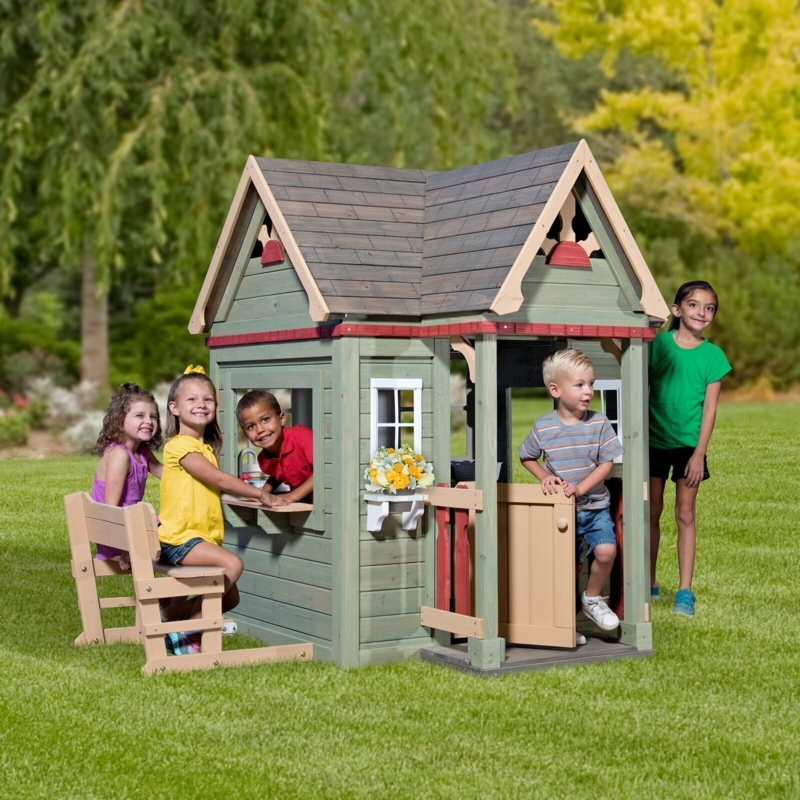 Sage Green Playhouse with Serving Counter and Integrated Bench
