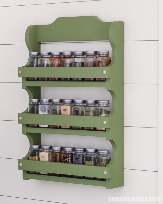 Sage Green Spice Rack Wall Shelf with Decorative Top Crest