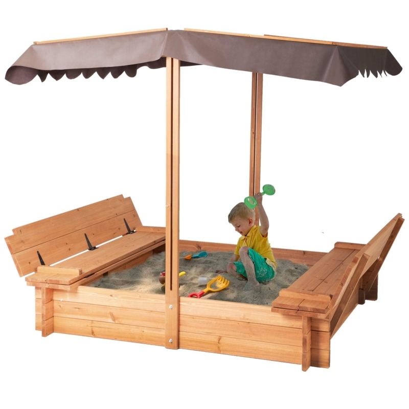 Sandbox with Scalloped Chocolate Canopy and Convertible Benches