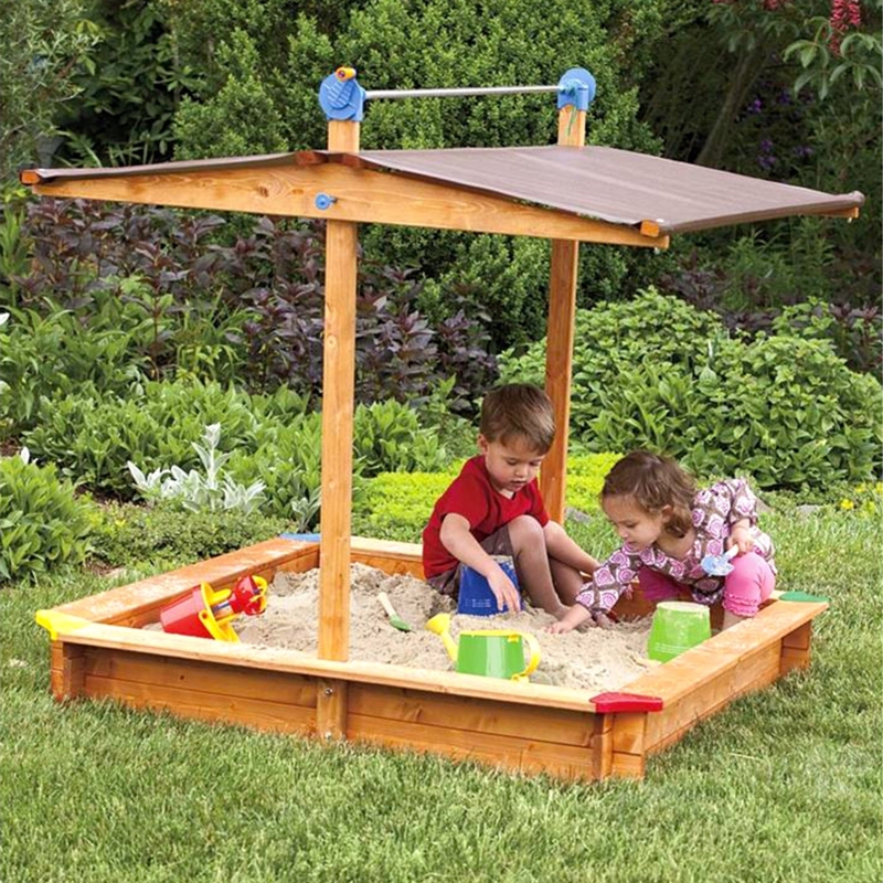 Sandpit with Retractable Chocolate Canopy and Plastic Corner Seats