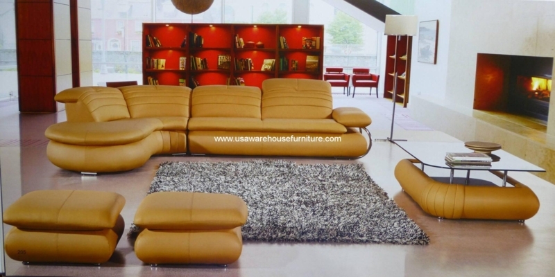 Sectional Set Ribbed Upholstery Curved Chaise Matching Ottomans