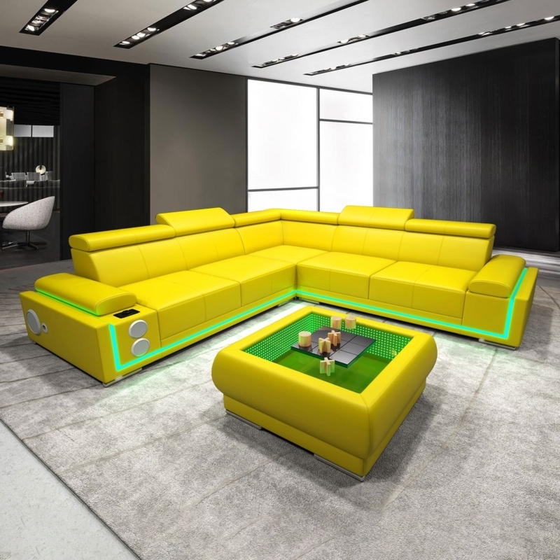 Sectional Sofa Canary Yellow LED Lighting Built-In Speakers