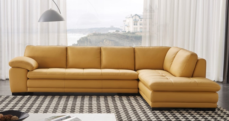 Sectional Sofa Mustard Top Grain Leather Tufted Seat Layered Base