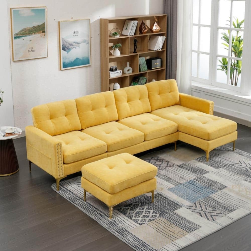 Sectional Sofa Velvet Button Tufting Nailhead Trim Side Pockets