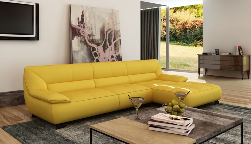 Sectional Sofa Vibrant Yellow Grid Tufting Low Profile Modern