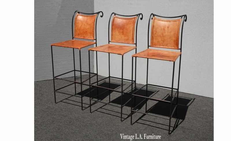 Set of 3 Wrought Iron Bar Stools with Scrolled Backrest in Cognac