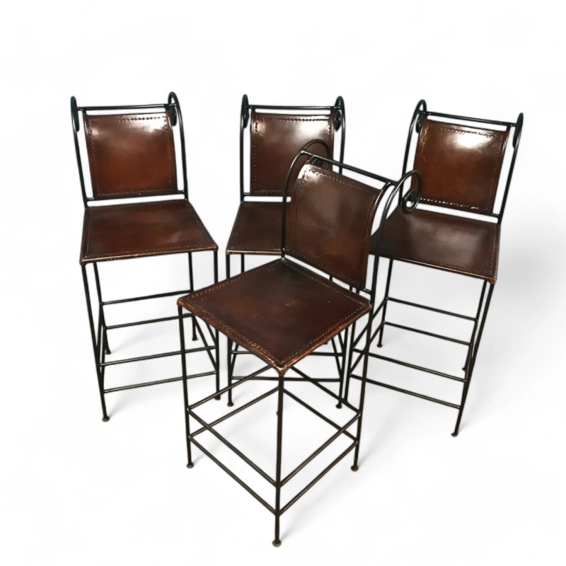 Set of 4 Spanish Style Iron Bar Stools with Chocolate Brown Leather