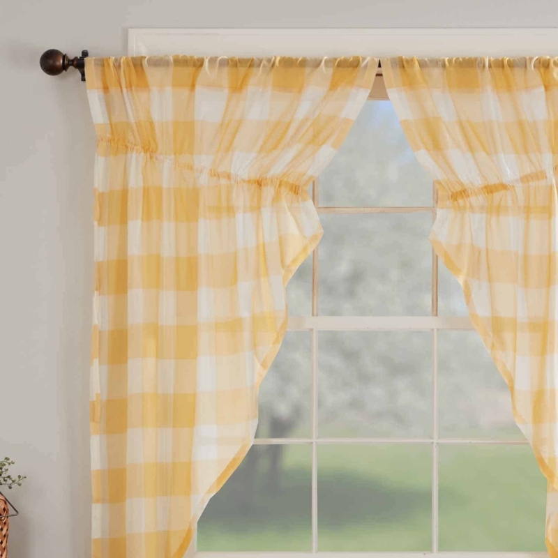 Sheer Sunny Yellow Buffalo Check Prairie Curtains with Cinched Sides