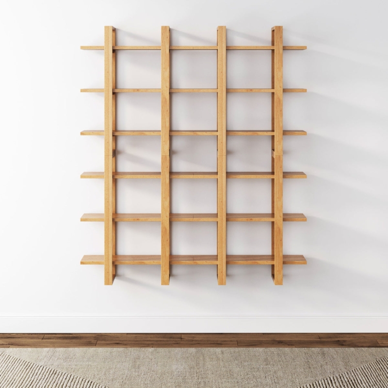 Shelving Unit Grid Pattern Cantilevered Shelves Warm Pine Open Back