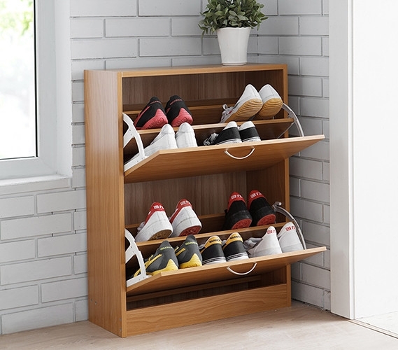 Shoe Cabinet Beech Wood Slim Profile Tilt Out Doors Curved Handles