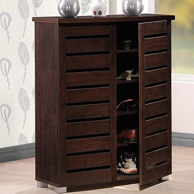 Shoe Cabinet Dark Brown Slat Doors Silver Feet Contemporary Design