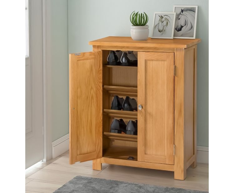 Shoe Cabinet Honey Oak Angled Shelves Recessed Panel Doors Shaker Style