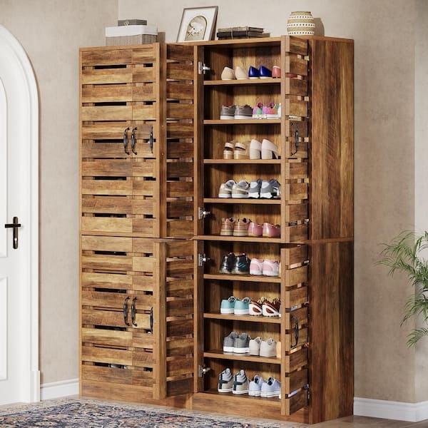 Shoe Cabinet Large Capacity Walnut Slatted Doors Nine Tiers Tall Profile