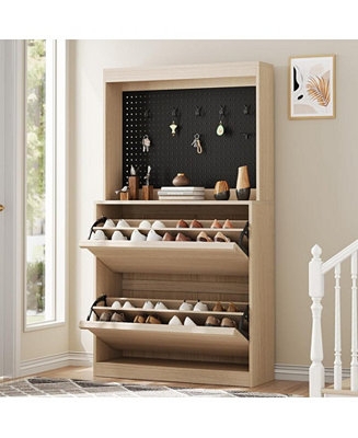 Shoe Cabinet Light Oak Integrated Pegboard Flip Drawers Metal Hooks