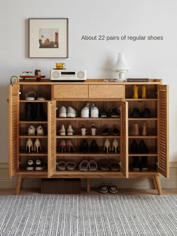 Shoe Cabinet Light Oak Shutter Doors Four Door Storage Tapered Legs
