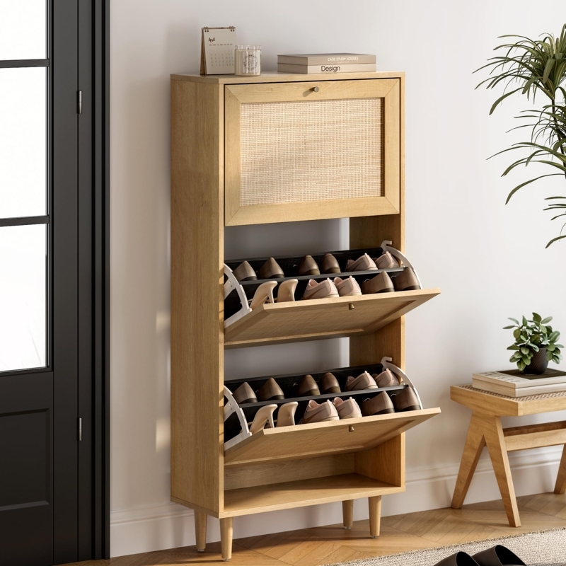 Shoe Cabinet Narrow Rattan Cane Inlay Flip Down Drawers Natural Oak