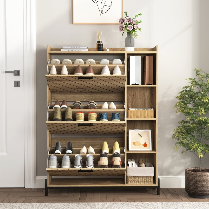 Shoe Cabinet Natural Oak Diagonal Grooves Open Side Shelves Modern