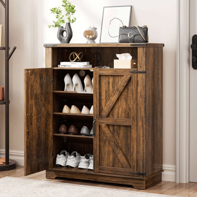 Shoe Cabinet Rustic Brown Crossbrace Door Metal Corner Accents Open Top