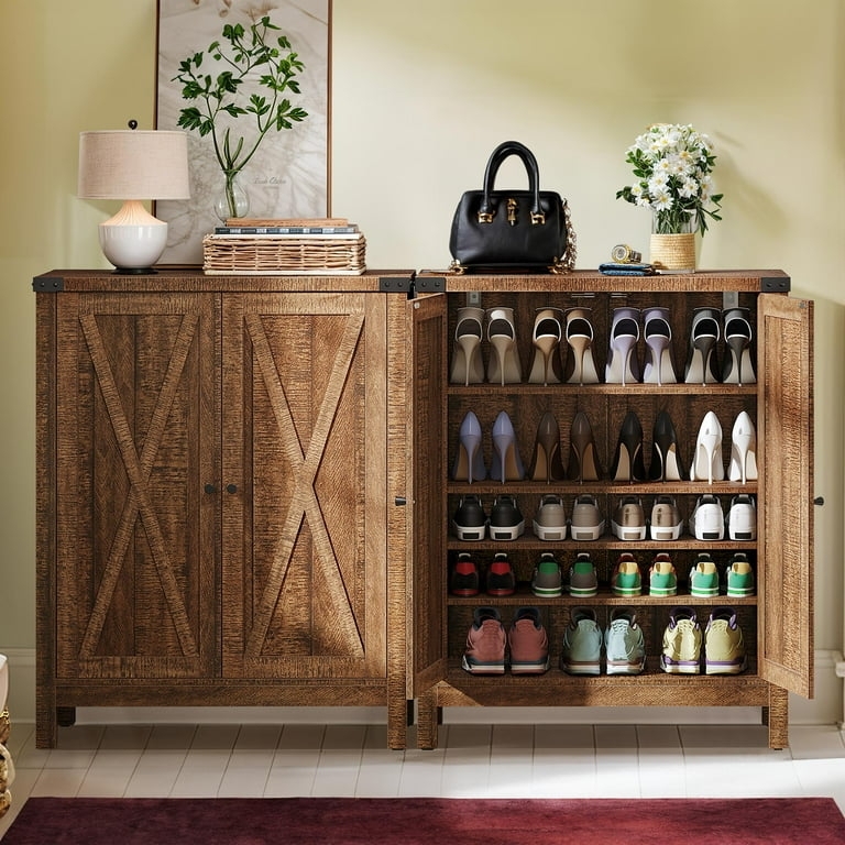 Shoe Cabinet Rustic Brown X Brace Barn Doors Five Tier Storage Farmhouse