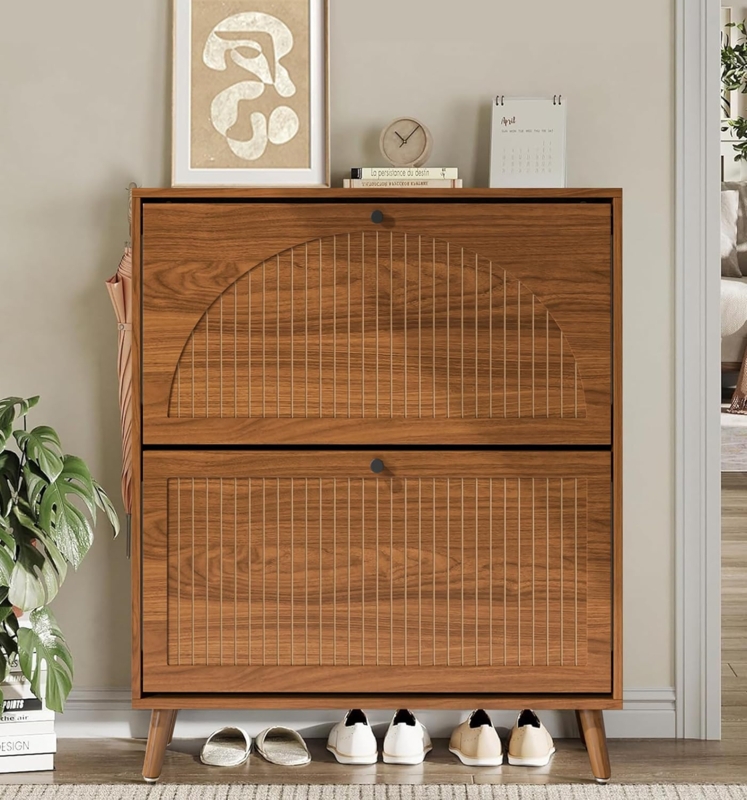 Shoe Cabinet Walnut Arched Ribbed Texture Flip Drawers Slim Profile
