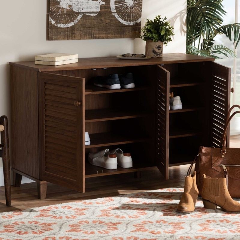 Shoe Cabinet Walnut Louvered Doors Mid Century Tapered Legs 8-Shelf