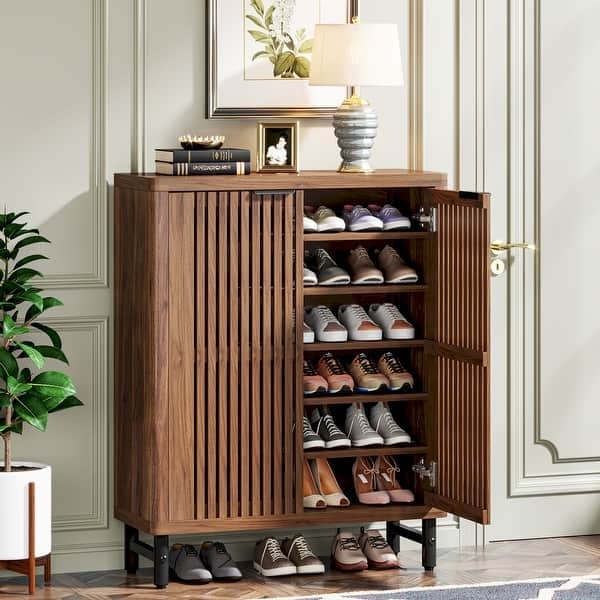 Shoe Cabinet Walnut Slatted Doors Black Metal Legs Mid Century Modern