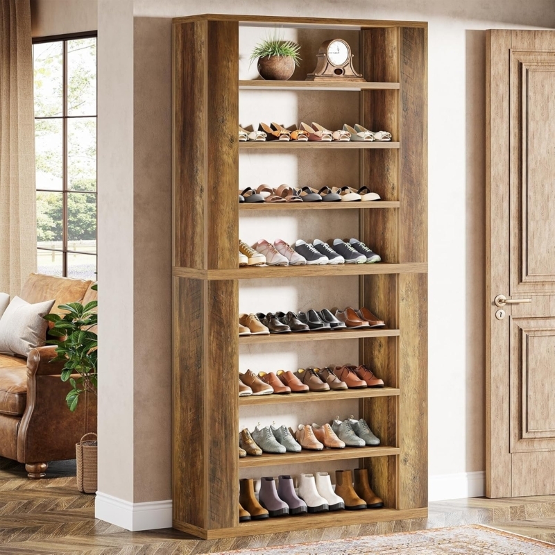 Shoe Rack Cabinet Tall Nine Tiers Open Shelving Distressed Wood Finish