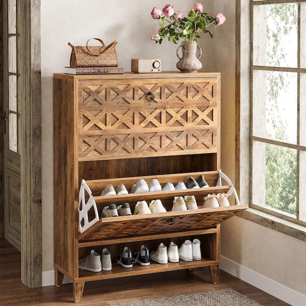 Shoe Storage Cabinet Geometric Lattice Front Warm Brown Flip Down Drawers