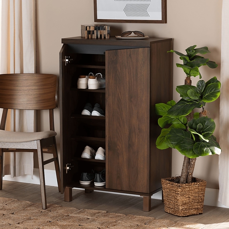 Shoe Storage Cabinet Walnut Brown Handle Less Design Four Shelves Minimal
