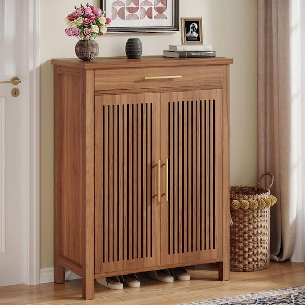 Shoe Storage Cabinet Warm Brown Gold Hardware Top Drawer Elevated Base