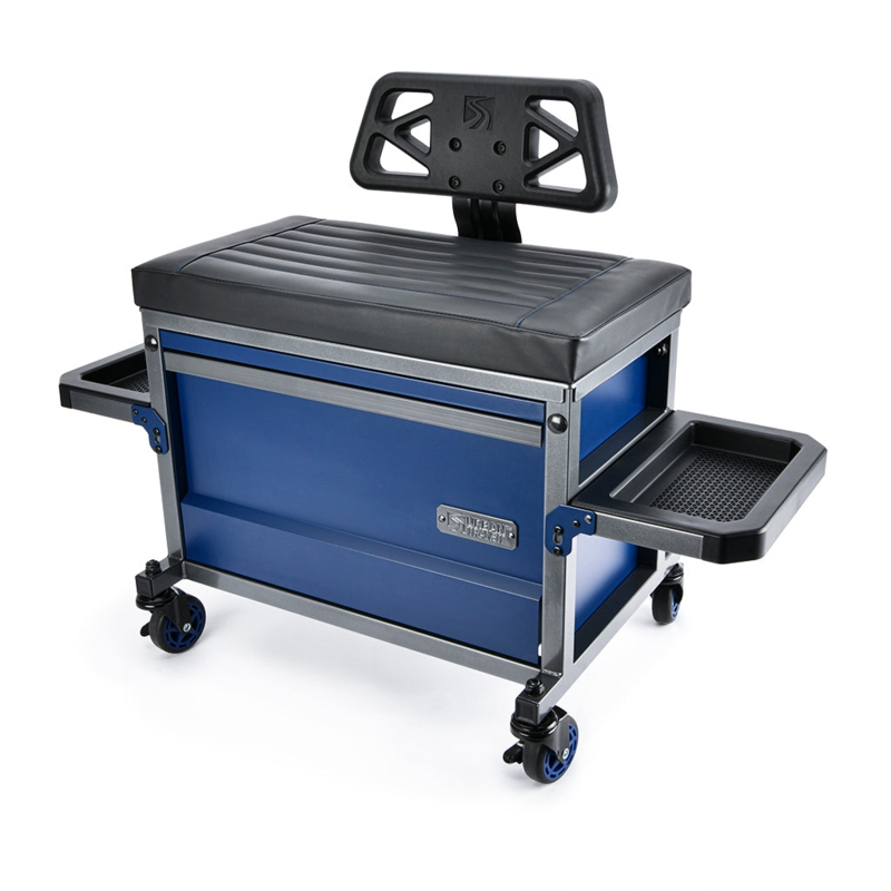 Shop Stool Integrated Side Trays Blue Wheels Mobile Storage