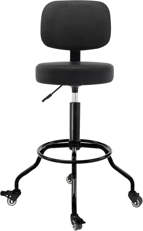 Shop Stool Lockable Wheels Ergonomic Back Matte Black Chair