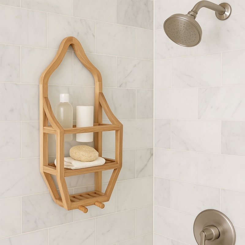 Shower Caddy Arched Wood Frame Three-Tier Nordic Organizer with Pegs