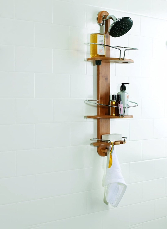 Shower Caddy Bamboo Over-Head Mount Integrated Razor Slots Chrome Rails