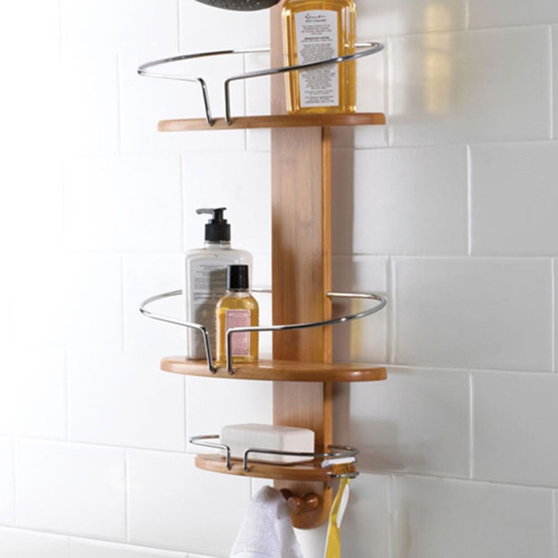 Shower Caddy Bamboo Wood Toned Backboard Polished Chrome Guardrails