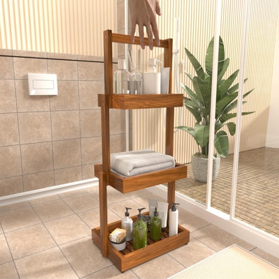 Shower Caddy Freestanding Frame Deep Box Tiers Honey Brown Wood Rack