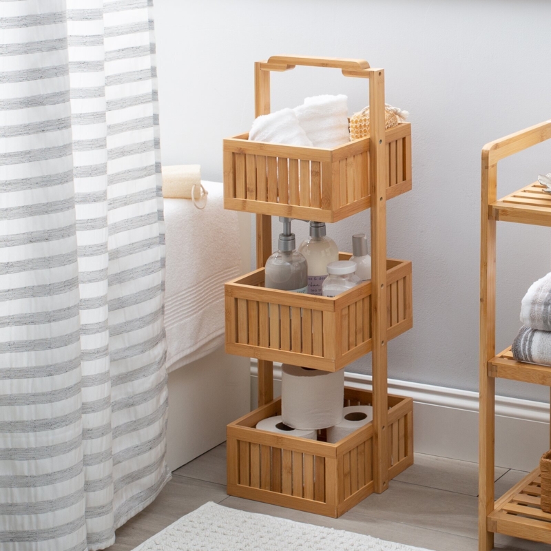 Shower Caddy Freestanding Wood Vertical Organization Slatted Baskets