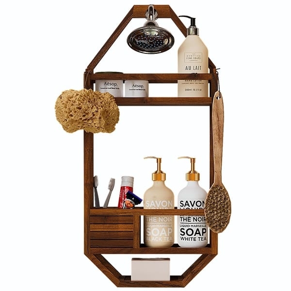 Shower Caddy Geometric Frame Wood Toothbrush Slots Slatted Compartment