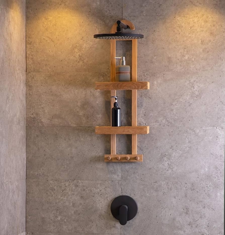 Shower Caddy Natural Wood Grain Two-Tier Matte Black Hardware Pegs