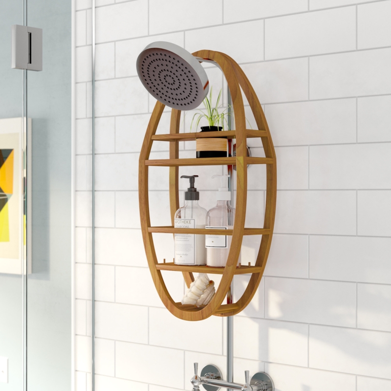 Shower Caddy Oval Wood Frame Slatted Shelves Hanging Loop Spa Organizer
